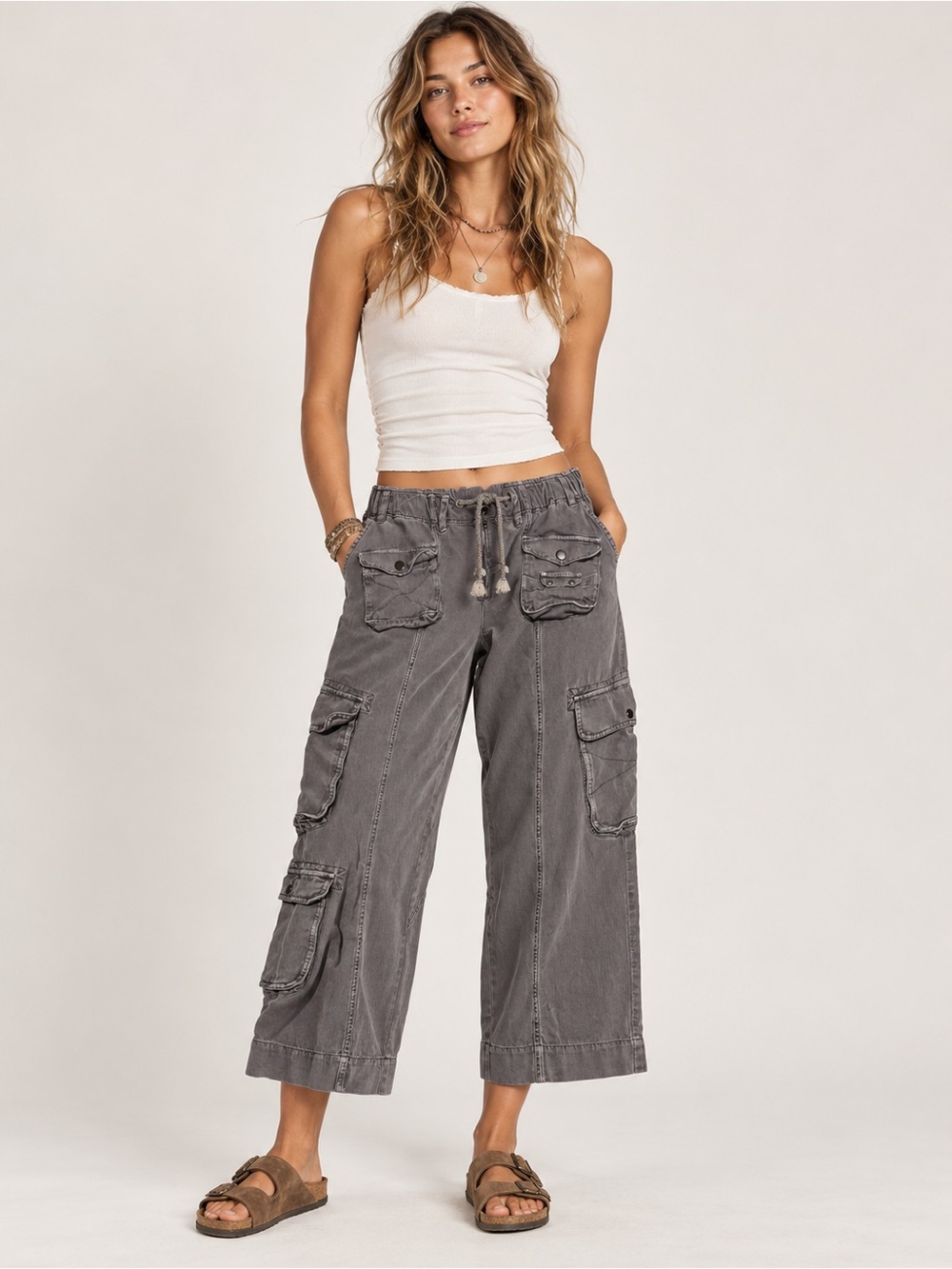 Free People Washed Cargo Cropped Pants in Charcoal